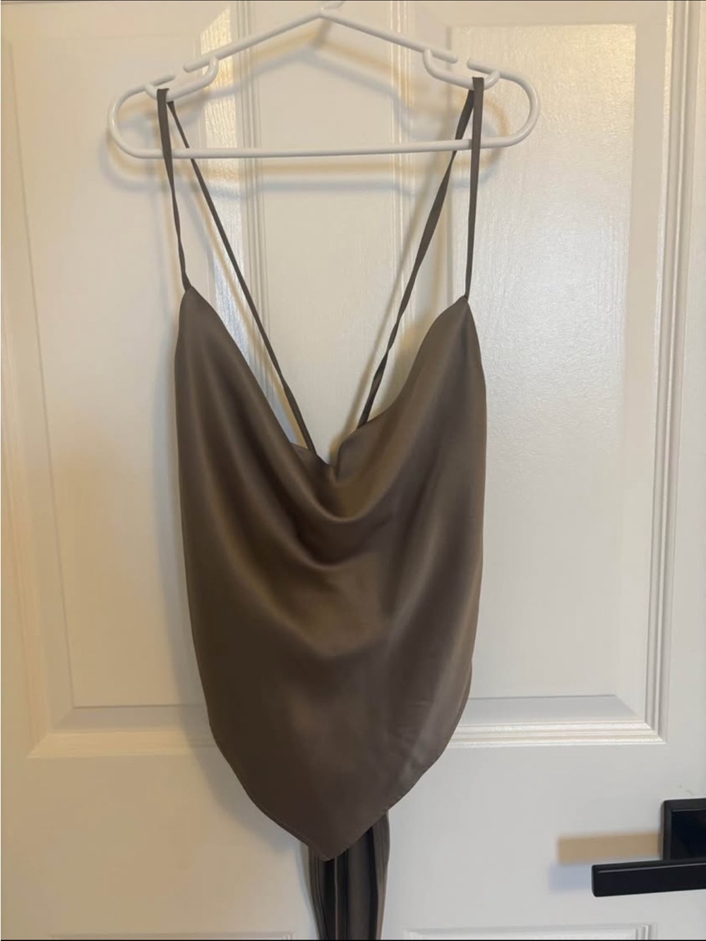 OAK + FORT Satin Cowl Neck Crop Top in Taupe